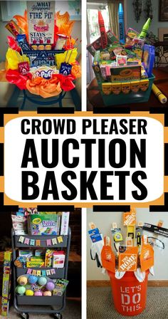 several different pictures with the words crowd pleaser auction baskets on them and an orange basket filled