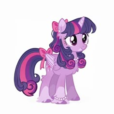 a pink pony with purple hair standing next to another pony