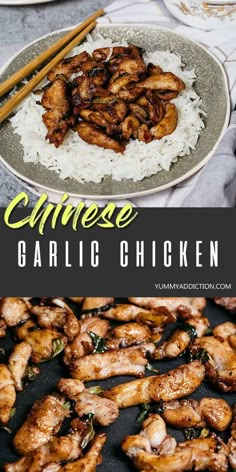 grilled chicken and rice on a plate with chopsticks next to the recipe