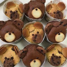 there are many muffins with chocolate teddy bears in them