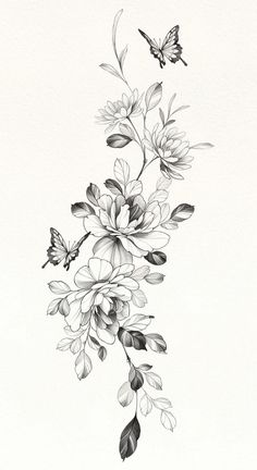 a black and white drawing of flowers with two butterflies flying over them on a white background