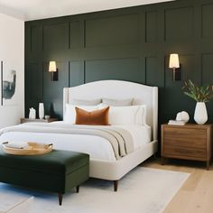 a bedroom with green paneled walls and white bed in the center, along with two nightstands on either side