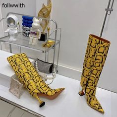 Snake Pattern Knee High Fashion Boots Spike Heels Pointed Toe Simulation Animal Prints Shoes 2024