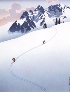 two skiers are skiing down a snowy mountain slope with mountains in the back ground