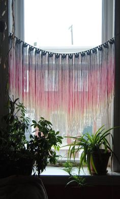 some plants are sitting in front of a window with the curtains pulled back to dry