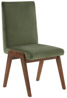 an upholstered chair with wooden legs and a green fabric seat pad on the back