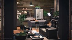 a room filled with lots of furniture and plants on top of it's shelves