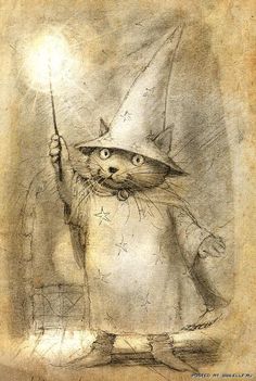 a drawing of a cat dressed as a wizard with a wand in its hand and wearing a hat