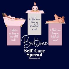 a woman laying in a bathtub with the words bedtime self - care spread