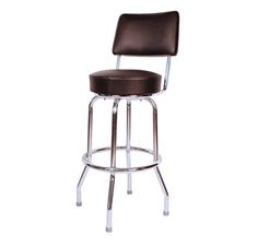 a black and chrome bar stool with a brown leather upholstered seat on an isolated white background