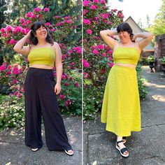 two photos of a woman in yellow top and black pants standing next to pink flowers