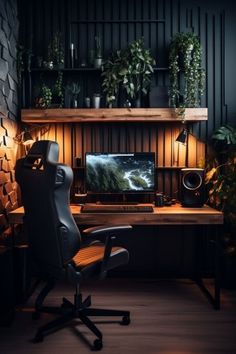 a desk with a computer and plants on it