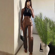 Outfit Elegantes, Punk Design, Leather Pants Women, Leather Pant, Straight Trousers, Faux Leather Pants, High Waisted Trousers, Women's Summer Fashion, Two Piece Dress