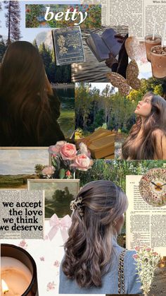 a collage of images with words and pictures on them, including a woman's face