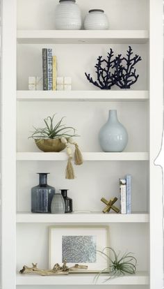 white shelves with vases and plants on them