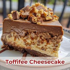 a piece of cheesecake on a plate with the words toffee cheesecake