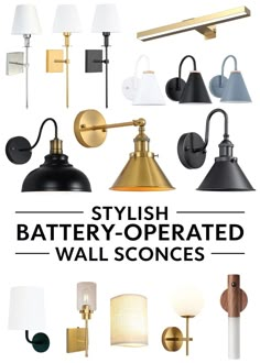 an assortment of wall sconces with the words, stylish battery - operated wall sconces