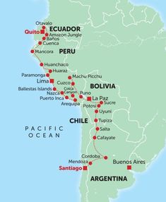 a map showing the major cities and towns in latin america, including peru, chile, guatemala, and argentina