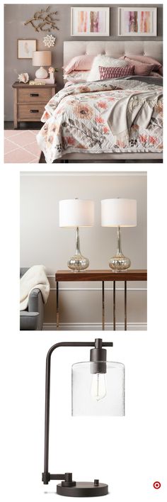 three different views of a bed and nightstand with two lamps on each side, one in the