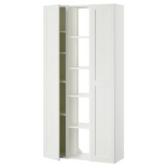 a tall white cabinet with two doors and shelves on one side, the door is open