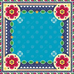 a blue and red square with flowers on the border, surrounded by stars and stripes