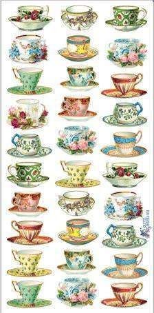 a large collection of tea cups and saucers