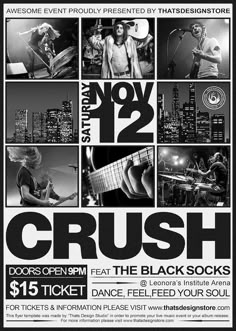 the poster for crush is shown in black and white, with images of people playing instruments