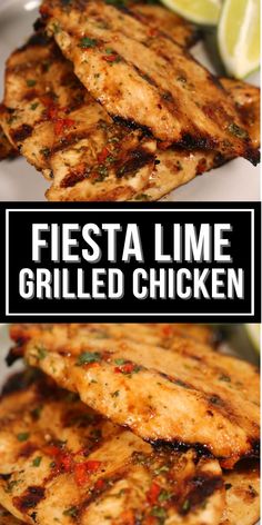 grilled chicken is served on a white plate with lime wedges