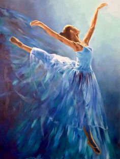 a painting of a ballerina in blue dress with her arms outstretched and feet spread out