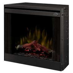 an electric fireplace with flames and logs on the sides, in black metal frame against a white background