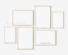 four white frames with the words wood frame on them in different shapes and sizes, all arranged