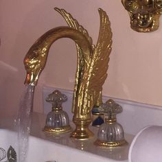 two golden faucets are next to a sink with water running from it's faucet