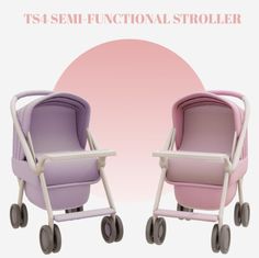 two pink and purple baby strollers sitting next to each other