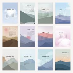 a calendar with mountains in the background and clouds above it, all on one page