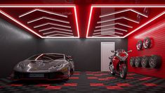 a car and motorcycle in a garage with red lights on the ceiling, checkered flooring