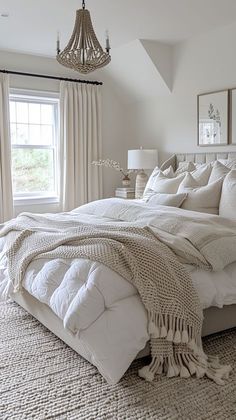 a bedroom with a bed, chandelier and window in the corner is shown