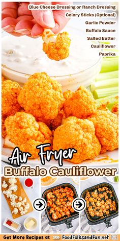 an advertisement for air fryer buffalo cauliflower and other appetizing foods