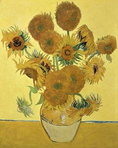 a painting of sunflowers in a vase on a table