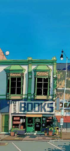 a painting of a book store on the corner of a street in front of a building