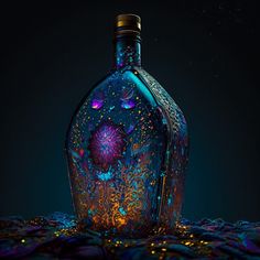 a blue bottle with an intricate design on the top and bottom is illuminated by colorful lights