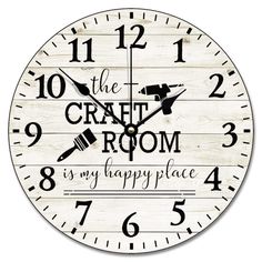 the craft room is my happy place wooden wall clock with sayings and numbers on it