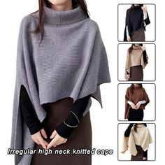 * Item: Womens High Neck Asymmetric Knitted Poncho Cloak Outwear Pullover Sweater Cape * Condition: 100% Brand New * Color: Gray   Black   Camel   Apricot   Brown * Size:Asian one size/The length is 45cm/17.71inch, and the bust is not limited to 40-83KG * Package:1pc Shawl (without any accessories ）   NOTE: 1.If your feet are wide, please order size up. 2.The color maybe a little difference because of the light,screen reflection etc. Winter Poncho In One Size, One Size Winter Poncho In Solid Color, One Size Winter Poncho, Trendy Asymmetrical Sweater For Winter, Solid Poncho For Winter Layering, Winter Layering Poncho, Asymmetrical Sweater For Winter, Solid Color Winter Poncho For Layering, Oversized Knitted Winter Cape