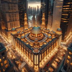 an aerial view of a large building surrounded by tall buildings in the city at night