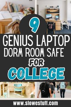 Image of college kids with banner 9 smart laptop safes for college and why you need one with website www.slowestuff.com Dorm Room Aesthetic, College Dorm Room Ideas, College Laptop, College Must Haves, College Necessities, University Dorms, College Apartments, College Supplies, College Dorms