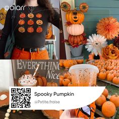 a woman is standing in front of pumpkins and other decorations with qr code