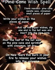 a pine cone with words written on it and some lights in the background that are lit up