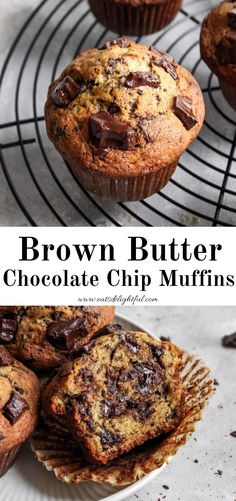 2 stacked images separated by text reading "brown butter chocolate chip muffins": top image shows muffins on wire rack and bottom image shows muffins in plate with one sliced in half Brown Butter Chocolate Chip Muffins, Brown Butter Chocolate Chunk Muffins, Brown Butter Muffins, Small Batch Zucchini Muffins, Fun Muffin Flavors, Peanut Butter Chocolate Muffins, Toffee Muffins, Bakery Muffins Jumbo