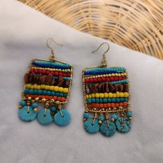 One Of A Kind Piece With Turqouise And Different Colors Of Beads And Stones Inpired From Egyptian Jewelary African Beaded Jewelry, Frame Earrings, Afrocentric Earrings, Beaded Frame, Framed Jewelry, Ear Art, Egyptian Inspired, Earrings Patterns, Bead Frame