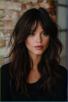 Haircuts For Long Hair Fringe, Long Bob Haircuts Dark Hair, Long Hair Subtle Bangs, Fringe Hairstyles Brunettes, Haircuts For Long Hair Wispy Bangs, Chunky Layers With Bangs, Long Layered Hair And Bangs, Dark Hair With Fringe Bangs, Long Hair Layered With Curtain Bangs