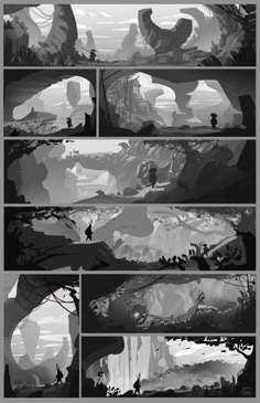 the storyboard shows different scenes in black and white